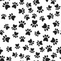 Seamless pattern with black dog paws print on white background. Vector flat cartoon illustration. Royalty Free Stock Photo
