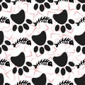 Seamless pattern with black dog paws, red hearts and fish bones skeletons on white background. Vector flat cartoon Royalty Free Stock Photo