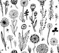 Seamless pattern with black doodle flowers on a white background. Hygge, boho style. Vector illustration. design element