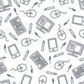 Seamless pattern of black doodles on business theme. Computer, keyboard, mouse and other supplies