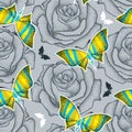 Seamless pattern with black dotted rose and butterflies in bright psychedelic colors on the gray background.