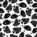 Seamless pattern with black fish in doodle style isolated on white background. Vector coral reef fish outline illustration