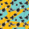 Seamless pattern with black flowers on yellow and turquoise geometric elements. Hand drawn graphics. Vintage style Royalty Free Stock Photo