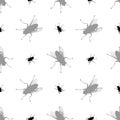 Seamless pattern black fly silhouette isolated, white background, bloodsucking insect repeating ornament, animal wallpaper