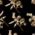 A seamless pattern with black and gold dry roses and rosebuds. Bold color concept. Surreal vivid flowers