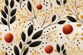 seamless pattern with black and gold leaves and berries on a beige background Royalty Free Stock Photo