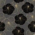 Seamless pattern, black and gray hibiscus flowers with golden outline. Retro print, textile, vector