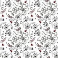 Seamless pattern of black hand-drawn doodle flowers with eyes, nose, lips, decor on white background. Vector drawing Royalty Free Stock Photo