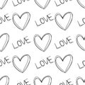 Seamless pattern with black hearts and hand written word love isolated on white background. Hand drawn vector sketch illustration Royalty Free Stock Photo