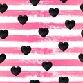 Seamless pattern, black  hearts on ink stripes Royalty Free Stock Photo