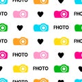 Seamless pattern with black hearts, words photo, colorful camera