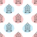 Seamless pattern with black houses and soft colored dots