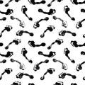 Seamless pattern of black human footprints white background isolated, dirty barefoot footsteps repeating ornament, foot prints