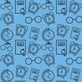 Seamless pattern with black line art icon of alarm clock, notebook, glasses, globe on blue background. Royalty Free Stock Photo