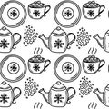 Seamless pattern with black line cupwith tea or coffee Royalty Free Stock Photo