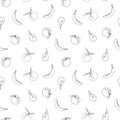 Seamless pattern with black linear fruits on a white background in line art style, doodle. Vector illustration drawn by Royalty Free Stock Photo