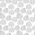 Seamless pattern black lines manstera leaves on white background