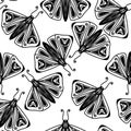 Seamless pattern of black moths in gothic style on white background, digital illustration