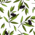 Seamless pattern with black olives. Vector branches, leaves and olives. Royalty Free Stock Photo