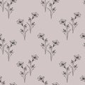 Seamless pattern, black outline flowers in doodle style on a beige background. Print, textile, bedroom decor Royalty Free Stock Photo