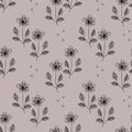 Seamless pattern, black outline flowers in doodle style on a beige background. Print, textile, bedroom decor Royalty Free Stock Photo