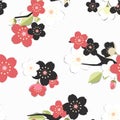 Seamless pattern, black, pink and white sakura flowers on grey background, paper art/paper cutting style Royalty Free Stock Photo
