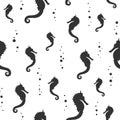 Seamless pattern with black sea-horse or hippocampus on white background.