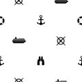 Seamless pattern with black ships, anchors, binoculars and wheel