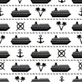 Seamless pattern with black ships, anchors, palm trees and wheel