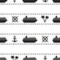 Seamless pattern with black ships, anchors, palm trees and wheel