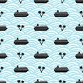 Seamless pattern with black ships, anchors, palm trees and wheel