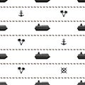 Seamless pattern with black ships, anchors, palm trees and wheel