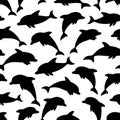 Seamless pattern with black silhouette dolphins on white. design for holiday greeting card and invitation of baby shower, birthday Royalty Free Stock Photo
