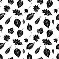 Seamless pattern with black silhouettes of autumn leaves on white. Flat design Vector Royalty Free Stock Photo