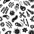 Seamless pattern with black silhouettes of bacteria, viruses and germs. Microorganism cells repeating background for textil design Royalty Free Stock Photo