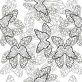 Seamless pattern of black silhouettes of butterflies on white background