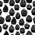 Seamless pattern with black silhouettes of cupcakes with various fillings and decorative details on a white background, festive
