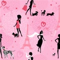 Seamless pattern with black silhouettes of fashionable girls