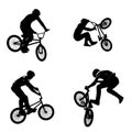 Seamless pattern of black silhouettes of sportsmen with a bike in four different poses isolated on white transparent