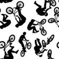 Seamless pattern of black silhouettes of sportsmen with a bike in seven different poses isolated on white transparent background