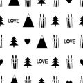 Seamless pattern with black skis, mountains, words love, hearts Royalty Free Stock Photo