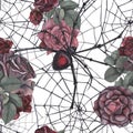 Seamless pattern black spider with cobweb and dark roses flowers and leaves isolated on white background. Watercolor Royalty Free Stock Photo