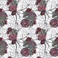 Seamless pattern black spider with cobweb and dark roses flowers and leaves isolated on white background. Watercolor Royalty Free Stock Photo