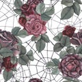 Seamless pattern black spider with cobweb and dark roses flowers and leaves isolated on white background. Watercolor Royalty Free Stock Photo