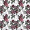 Seamless pattern black spider with cobweb and dark roses flowers and leaves isolated on white background. Watercolor Royalty Free Stock Photo