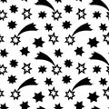 Seamless pattern of black stars, comets in flat style. Simple background and texture