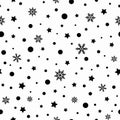 Seamless pattern with black stars, dots and snowflakes on white background. Vector illustration Royalty Free Stock Photo