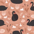 Seamless pattern with black swans and brood of cygnets floating in pond or lake among water lilies and reeds. Backdrop