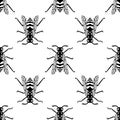 Seamless pattern of black wasp on yellow background