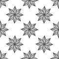 Seamless pattern with black wavy flowers on white background. Vector texture